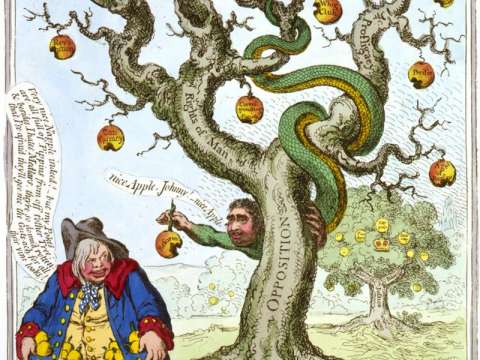 The Tree of LIBERTY, – with, the Devil tempting John Bull (1798): Fox is caricatured by Gillray as Satan, tempting John Bull with the rotten fruit of the opposition's Tree of liberty.