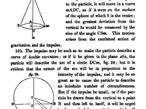 Page 44 from Mechanism of the Heavens. Somerville considered the simple pendulum and the workings of the solar system more generally. In Mechanism she referenced Lacroix, Biot, Poisson, Euler, Clairaut, as well as Newton and the integral calculus.