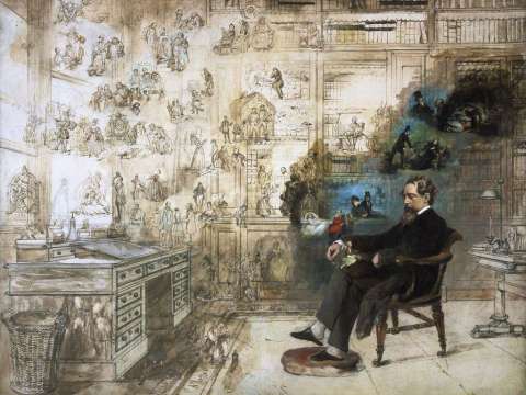 Dickens's Dream by Robert William Buss, portraying Dickens at his desk at Gads Hill Place surrounded by many of his characters