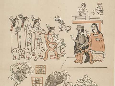 Cortés and La Malinche meet Moctezuma in Tenochtitlán, November 8, 1519.