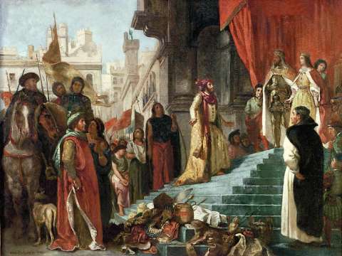 The return of Christopher Columbus; his audience before King Ferdinand and Queen Isabella, painting by Eugène Delacroix