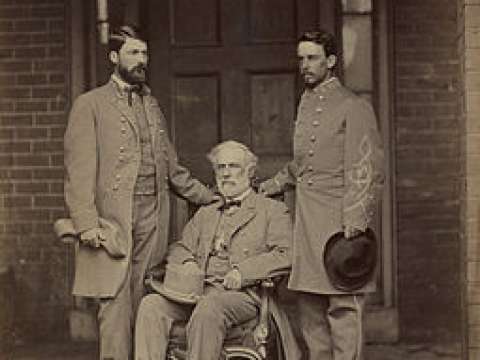 Lee with son Custis (left) and aide Walter H. Taylor (right) by Brady, April 16, 1865