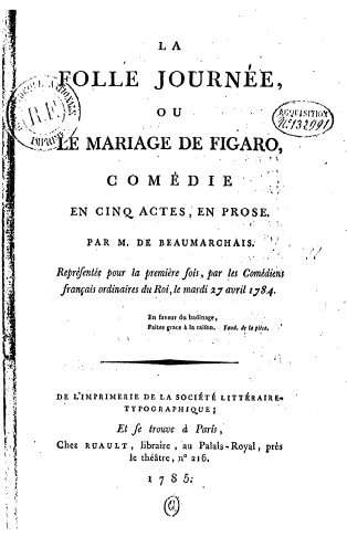 The original title page of The Marriage of Figaro