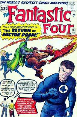 Lee and Kirby (bottom left) as themselves on the cover of The Fantastic Four #10 (January 1963). Art by Kirby and Dick Ayers.