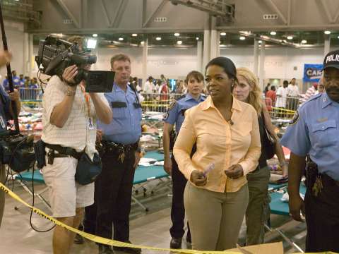 Winfrey visits evacuees from New Orleans temporarily sheltered at the Reliant center in Houston following Hurricane Katrina