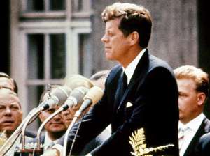Kennedy delivering his speech in West Berlin