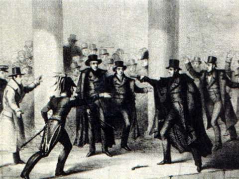 Richard Lawrence's attempt on Jackson's life, as depicted in an 1835 etching.
