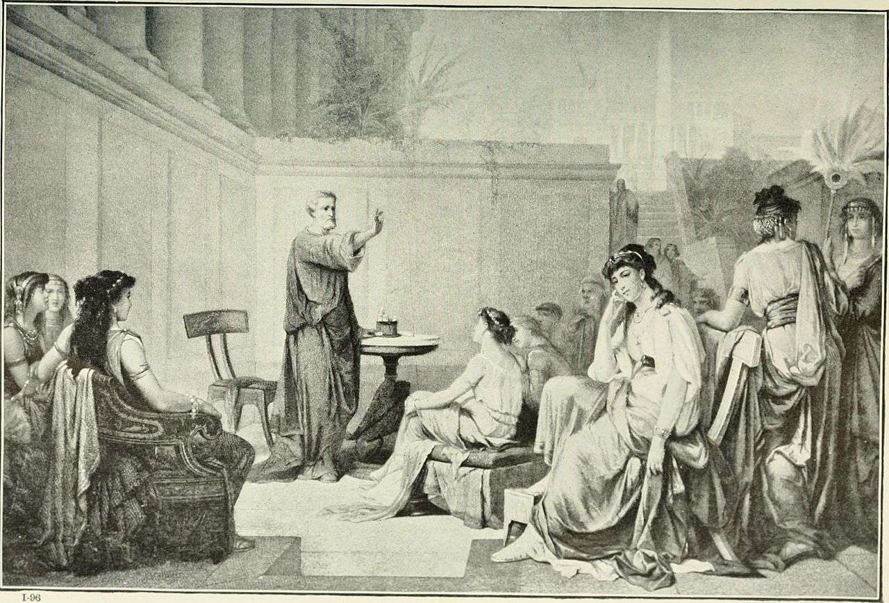 Illustration from 1913 showing Pythagoras teaching a class of women.