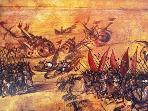 Cortés scuttling his own fleet off the coast of Veracruz in order to eliminate the possibility of retreat.