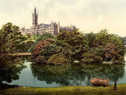 The meander of the River Kelvin containing the Neo-Gothic Gilmorehill campus of the University of Glasgow designed by George Gilbert Scott, to which the university moved in the 1870s (photograph 1890s)