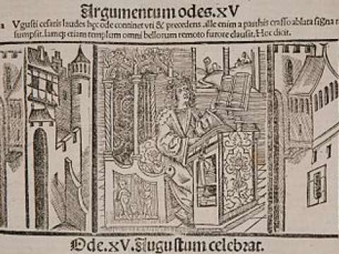 Horace in his Studium: German print of the fifteenth century, summarizing the final ode 4.15 (in praise of Augustus).
