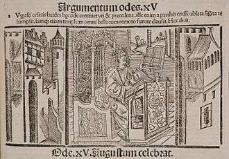 Horace in his Studium: German print of the fifteenth century, summarizing the final ode 4.15 (in praise of Augustus).