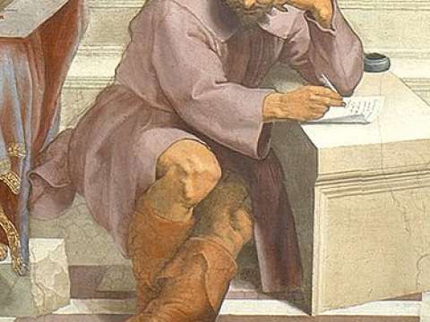 Heraclitus (with the face and in the style of Michelangelo) sits apart from the other philosophers in Raphael's School of Athens.