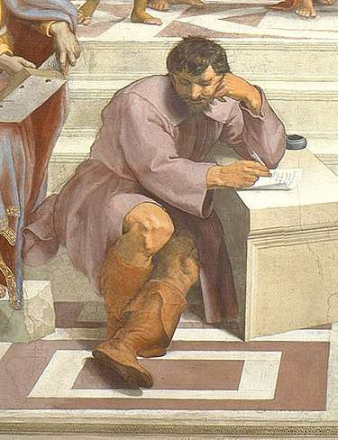 Heraclitus (with the face and in the style of Michelangelo) sits apart from the other philosophers in Raphael's School of Athens.