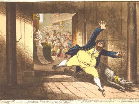 In Stealing off (1798), Gillray caricatured Fox's secession from Parliament.