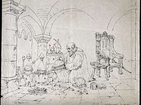 A 19th-century etching of Bacon conducting an alchemical experiment