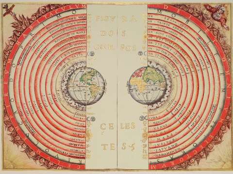 Illuminated illustration of the Ptolemaic geocentric conception of the universe. The outermost text reads 