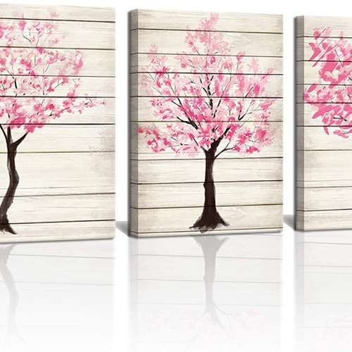 3 Piece Rustic Pink Tree Canvas Wall Art