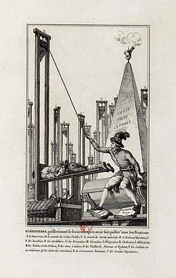 Cartoon showing Robespierre guillotining the executioner after having guillotined everyone else in France.