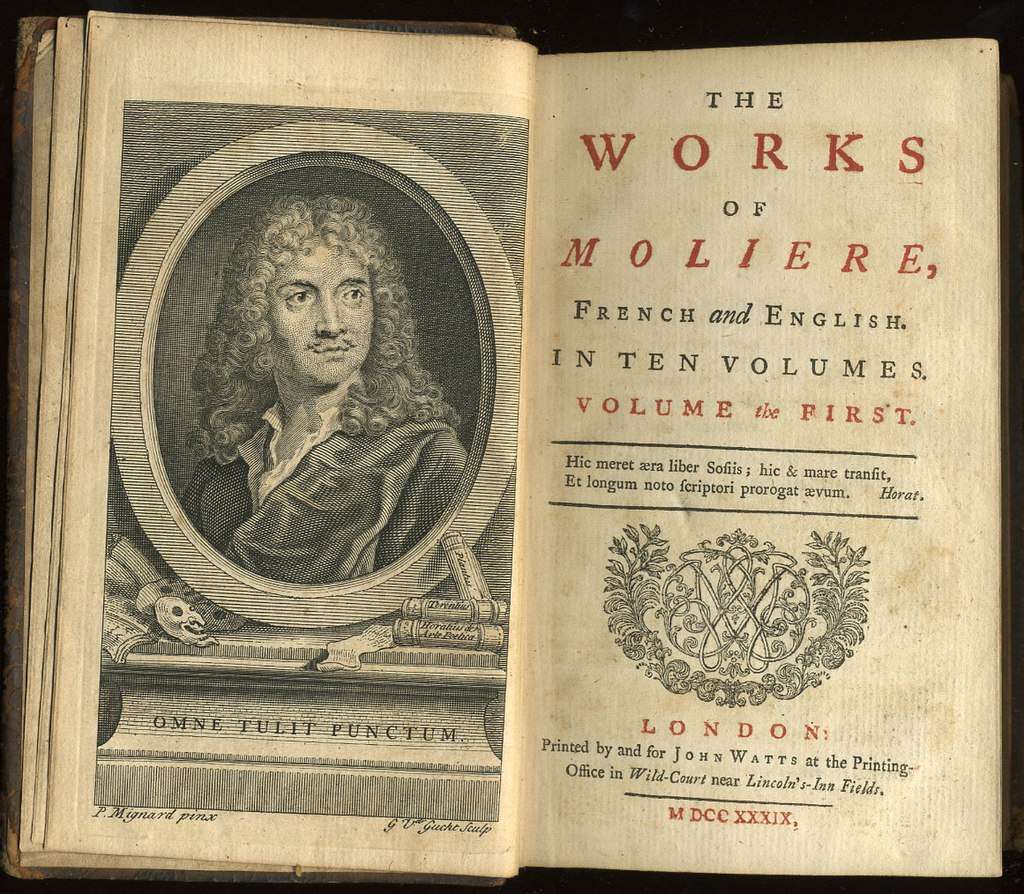 First volume of a 1739 translation into English of all of Molière's plays, printed by John Watts.