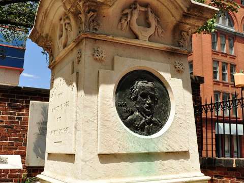 Edgar Allan Poe is buried at Westminster Hall in Baltimore, Maryland (Lat: 39.29027; Long: −76.62333); the circumstances and cause of his death remain uncertain.