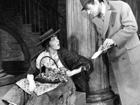Julie Andrews as flower girl Eliza Doolittle meets Rex Harrison as Professor Henry Higgins in the 1956 musical adaptation of Pygmalion, My Fair Lady.