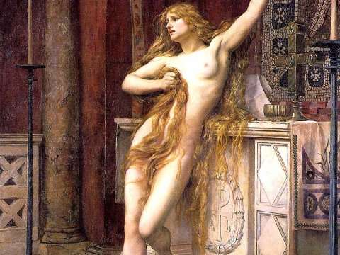 Hypatia (1885) by Charles William Mitchell, believed to be a depiction of a scene in Charles Kingsley's 1853 novel Hypatia
