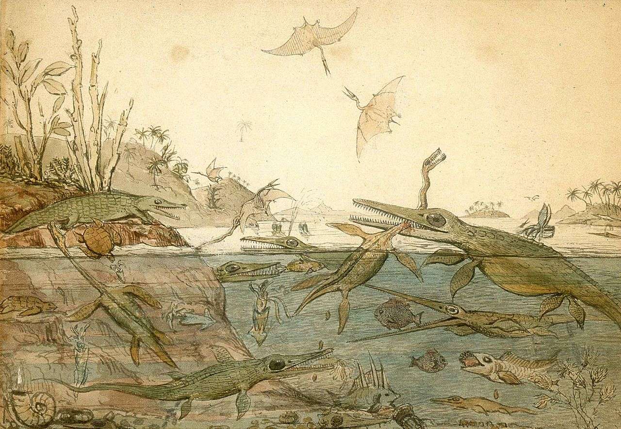 The geologist Henry De la Beche painted the influential watercolour Duria Antiquior in 1830, based largely on fossils found by Anning.