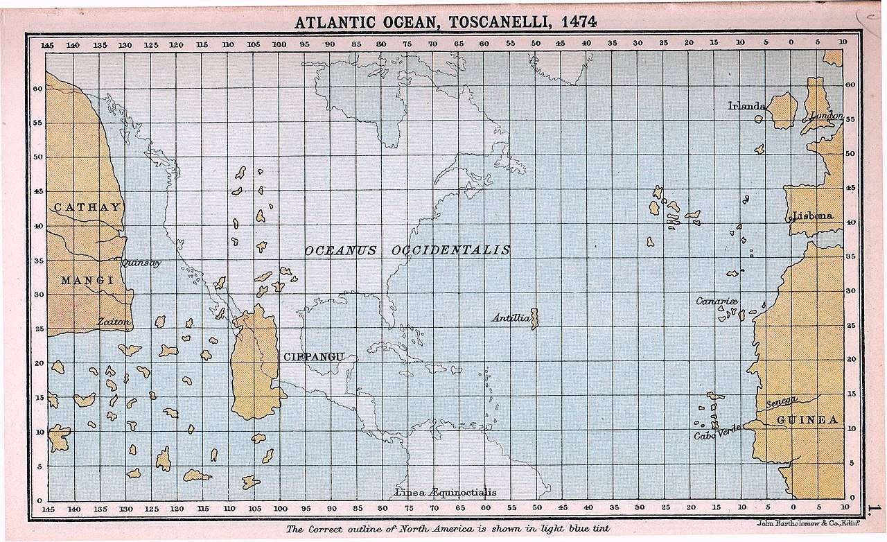 Toscanelli's notions of the geography of the Atlantic Ocean (shown superimposed on a modern map), which directly influenced Columbus's plans.