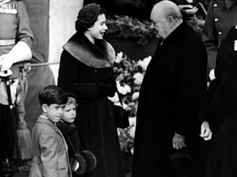 Churchill with Queen Elizabeth II, Prince Charles and Princess Anne, 10 February 1953.