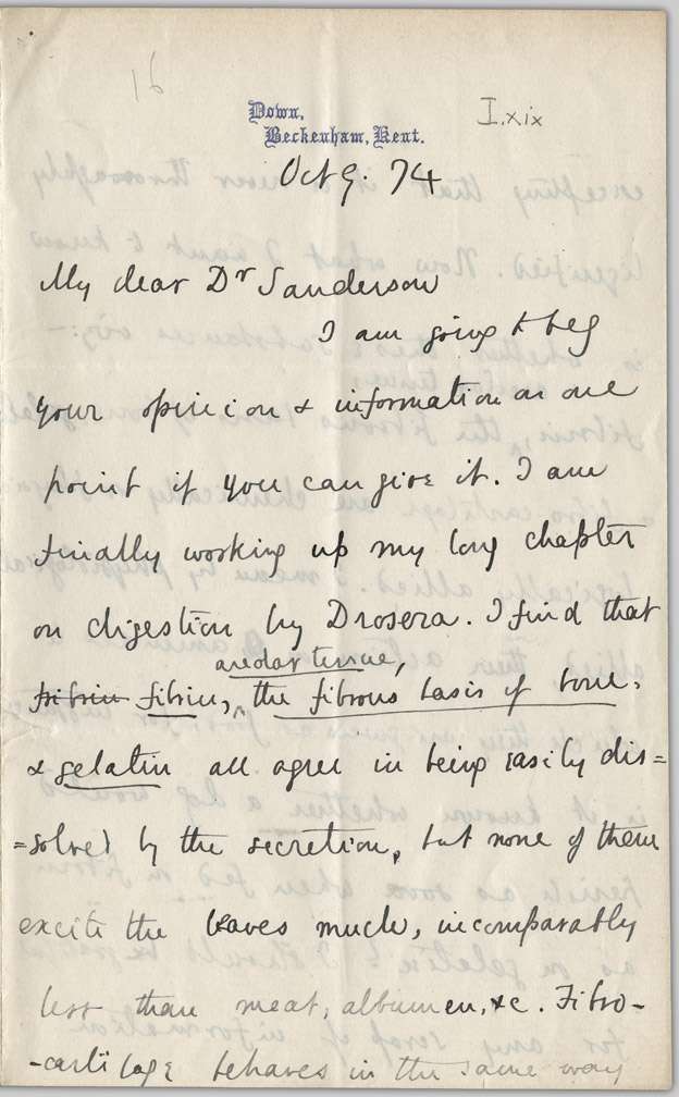 Letter of enquiry from Charles Darwin to the physiologist John Burdon-Sanderson