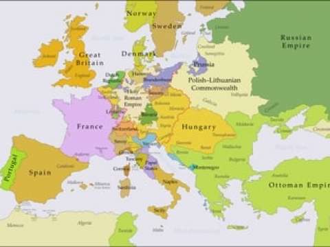 Europe at the time when Frederick came to the throne in 1740, with Brandenburg–Prussia in violet.