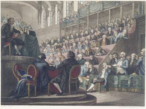 Plaidoyé de Louis XVI accompagné de De Sèze, Valazé à l'assemblée de la Convention, salle du Manège, palais des Tuileries, 26 décembre. Engraving by Reinier Vinkeles