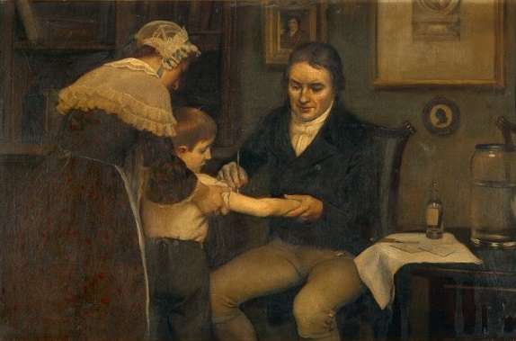 Dr Jenner performing his first vaccination on James Phipps, a boy of age 8. 14 May 1796
