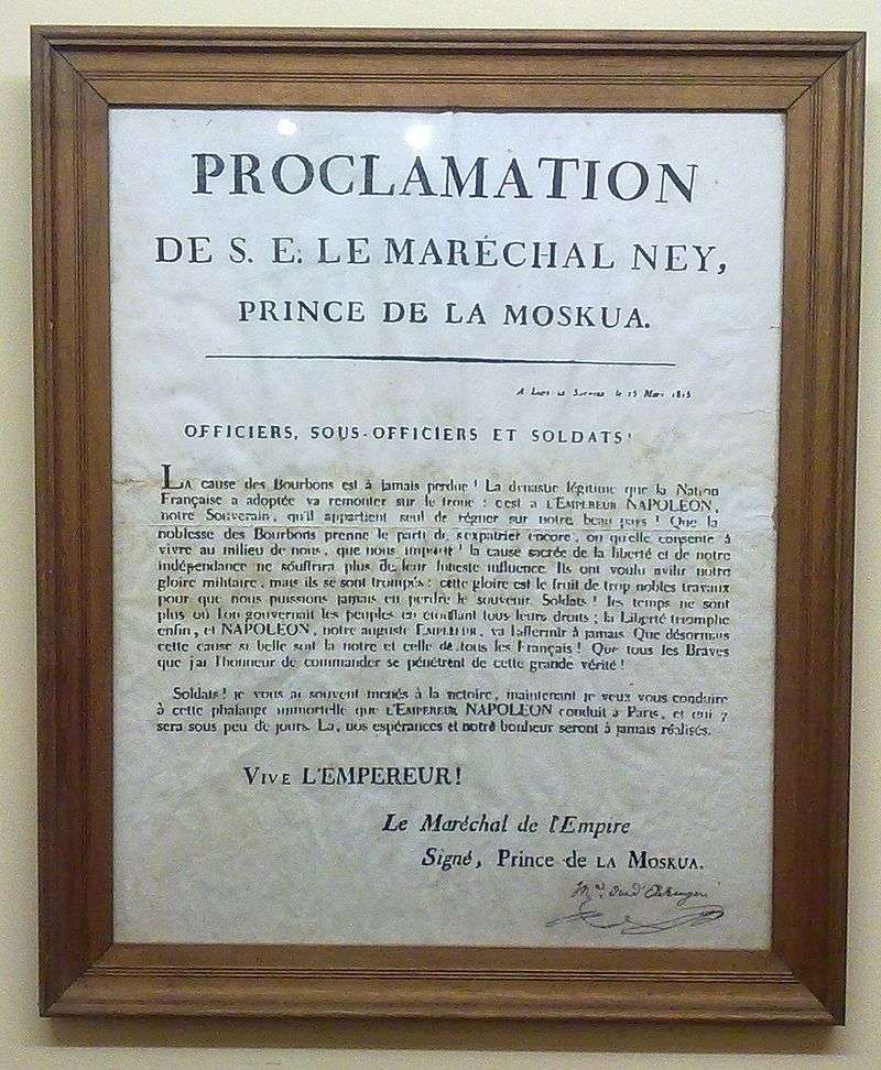 A public proclamation by Ney, dated March 1815, urging French soldiers to abandon the king and to support Napoleon