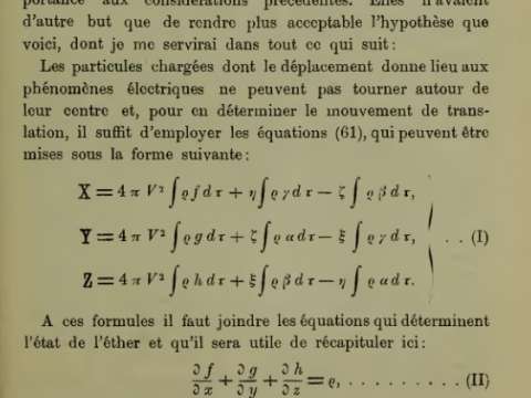 Lorentz' theory of electrons. Formulas for the Lorentz force (I) and the Maxwell equations for the divergence of the electrical field E (II) and the magnetic field B (III)