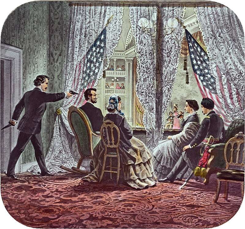 Shown in the presidential booth of Ford's Theatre, from left to right, are assassin John Wilkes Booth, Abraham Lincoln, Mary Todd Lincoln, Clara Harris, and Henry Rathbone.