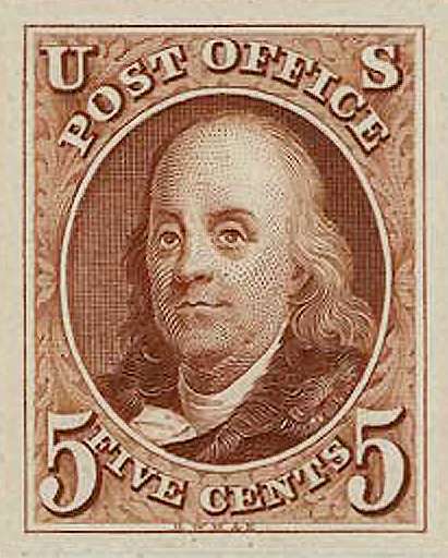 First issue of Benjamin Franklin on US postage stamp, issue of 1847