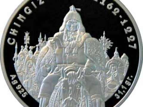Genghis Khan on the reverse of a Kazakhstan 100 Tenge coin.