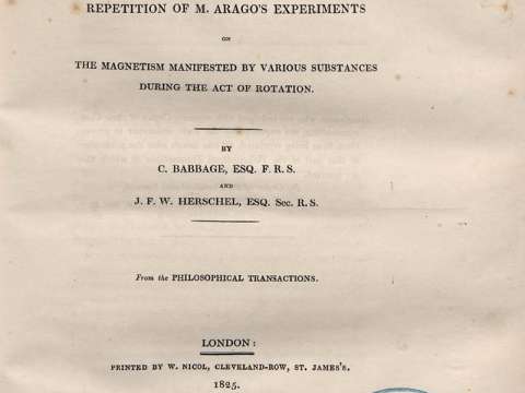 Charles Babbage, Account of the repetition of M. Arago's experiments on the magnetism manifested by various substances during the act of rotation, 1825