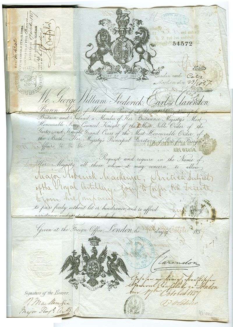 Signed Clarendon Military Passport 1857