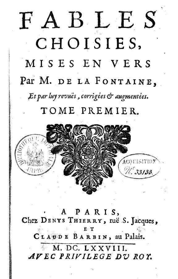Title page, vol. 2 of La Fontaine's Fables choisies, 1692 ed.