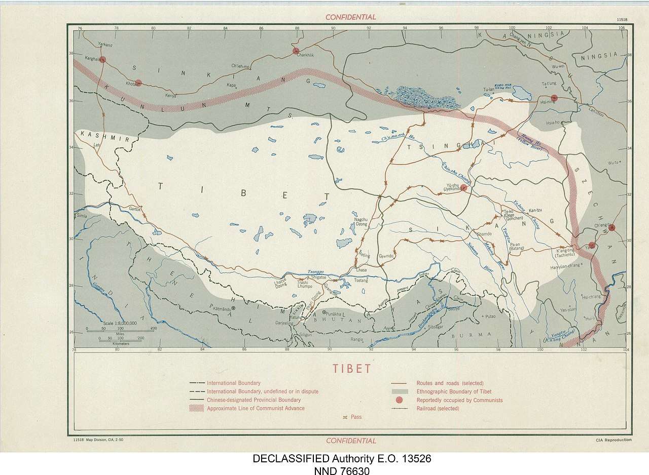 Territorial extent of Tibet and approximate line of the Chinese Communist advance in 1950