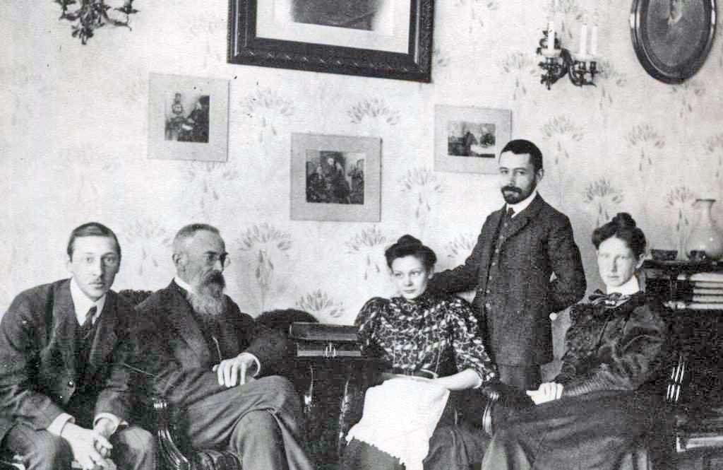 Stravinsky and Rimsky-Korsakov (seated together on the left) in 1908