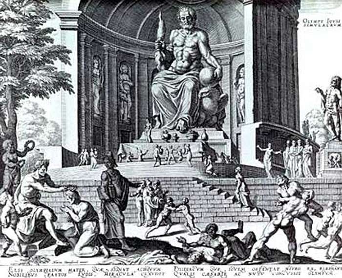 A reconstruction of Phidias' Statue of Zeus at Olympia in an engraving made by Philippe Galle in 1572, from a drawing by Maarten van Heemskerck
