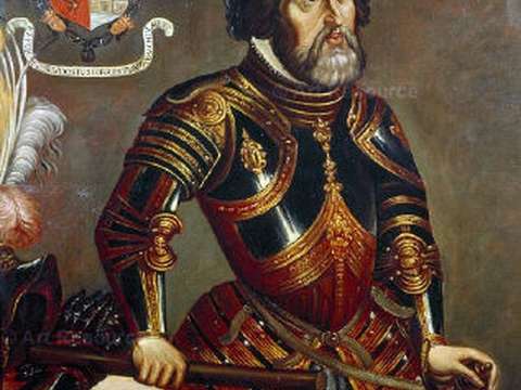 Hernán Cortés, with his coat of arms on the upper left corner.