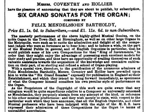 Advertisement for the Organ Sonatas in the Musical World, 24 July 1845