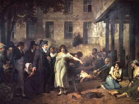Dr. Philippe Pinel at the Salpêtrière, 1795 by Tony Robert-Fleury. Pinel ordering the removal of chains from patients at the Paris Asylum for insane women.
