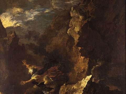 The Death of Empedocles by Salvator Rosa (1615 – 1673), depicting the legendary alleged suicide of Empedocles jumping into Mount Etna in Sicily