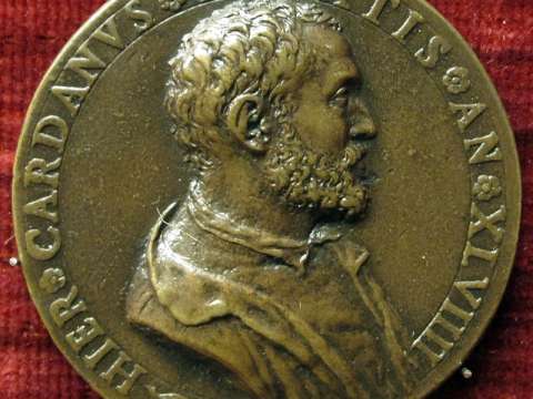 Medallion portrait of Cardano aged 49 by Leone Leoni (1509-1590)